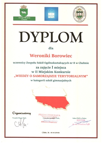 Zdjęcie dyplomu uczennicy za zajęcie I miejsca w II Miejskim Konkursie ,,Wiedzy o samorządzie terytorialnym’’.