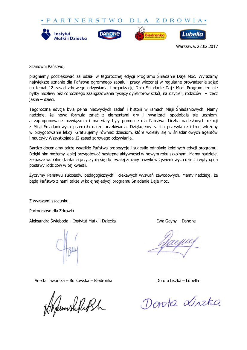 list z podziekowaniami dla sp 8