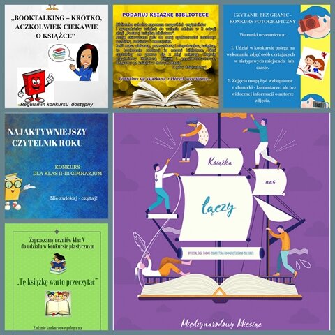 Plakaty akcji organizowanych przez bibliotekę szkolną, które zachęcają do czytania książek m.in. „Tę książkę warto przeczytać”, „Książka nas łączy”.