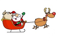 Grafika przedstawia renifera ciągnącego sanie, na których siedzi Mikołaj z prezentami.