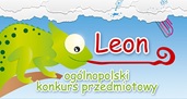 Animacyjny plakat przedstawiający kameleona i napis ,,Leon- ogólnopolski konkurs przedmiotowy’’.