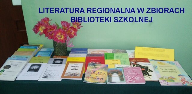 Wystawa literatury regionalnej w zbiorach biblioteki szkolnej.