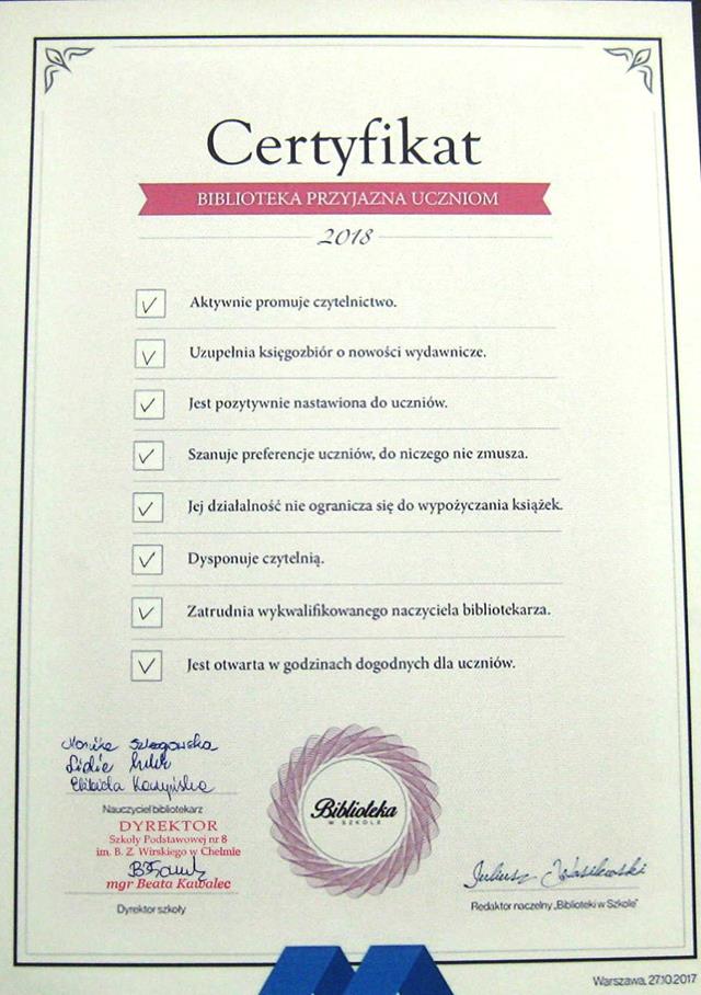 Certyfikat "Biblioteka przyjazna uczniom’’.