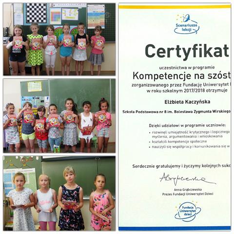 Kolaż zdjęć przedstawiający uczniów prezentujących książki oraz certyfikat potwierdzający uczestnictwo w programie "Kompetencje na szóstkę’’ dla pani Elżbiety Kaczyńskiej.