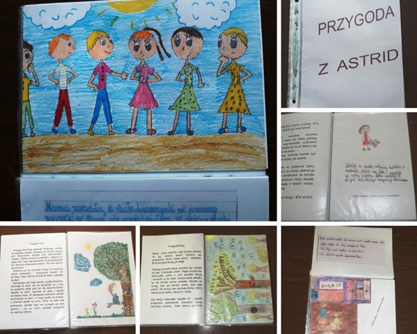 Kolaż zdjęć przedstawiający rysunki i fragmenty tekstów z zeszytów uczniów oraz z książek Astrid Lindgren.