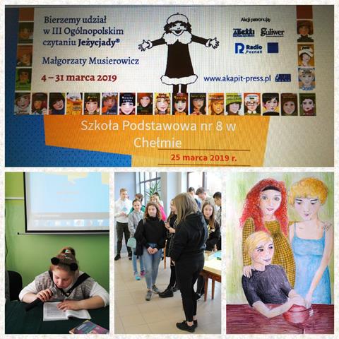 Plakat promujący ogólnopolską akcję czytania Jeżycjady. Pod nim zdjęcia uczniów biorących udział w  tym przedsięwzięciu oraz pracy konkursowej tematycznie związanej z cyklem powieści Małgorzaty Musierowicz.