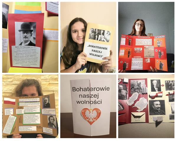 Kolaż zdjęć uczniów z własnoręcznie wykonanymi lapbookami “Bohaterowie naszej wolności”.