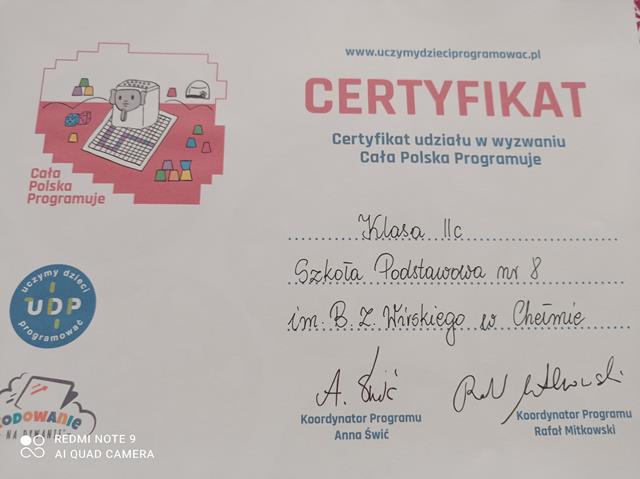 Certyfikat Coode Week przyznany klasie II c.