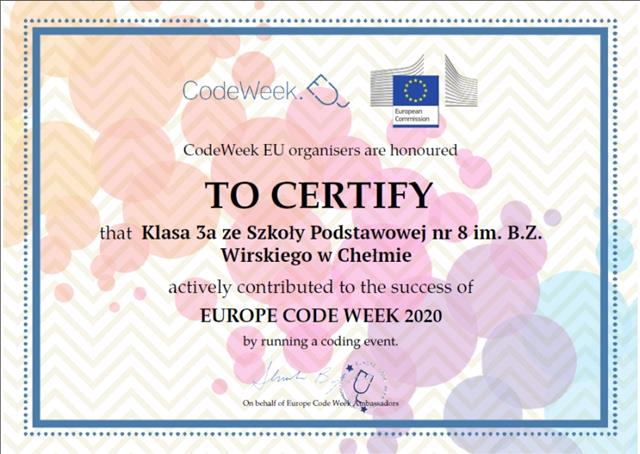 Certyfikat Code Week przyznany klasie 3a.