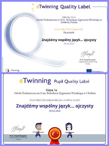 Certyfikaty - odznaki jakości  dla klasy 2 a i pani Elżbiet Dras potwierdzające udział w projekcie eTwinning.