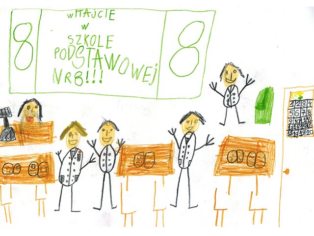 Rysunek przedstawiający uczniów w sali lekcyjnej i napis: ,,Witajcie w Szkole Podstawowej nr 8’’.