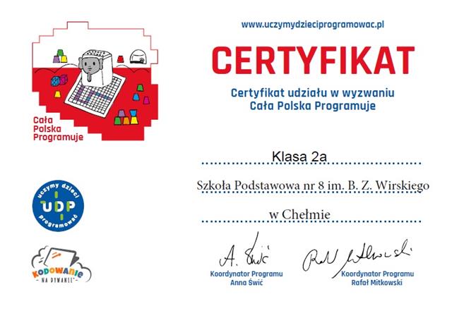 Certyfikat Code Week przyznany klasie 2a.