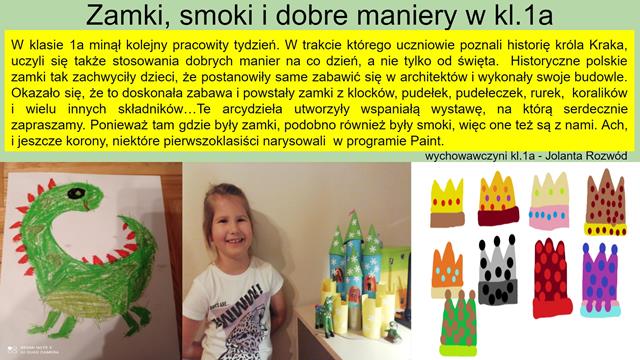 Kolaż zdjęć  prac uczniów klasy 1a związanych z legendą o królu Kraku.