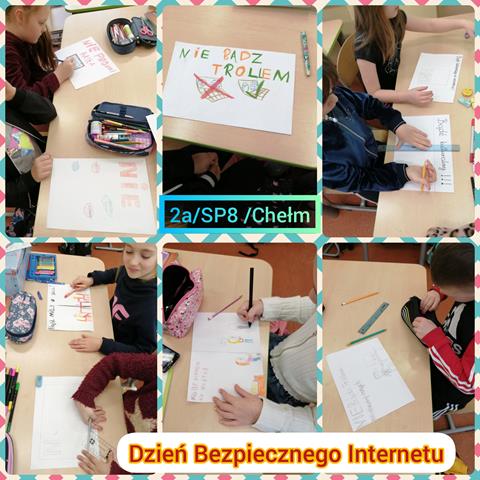 Kolaż fotografii ukazujących dzieci tworzące ilustracje promujące Dzień Bezpiecznego Internetu.