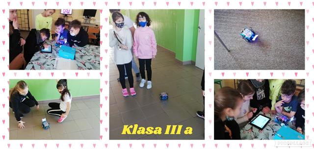 Kolaż zdjęć, na którym uczniowie klasy trzeciej a programują na tablecie trasę dla robota mBota.