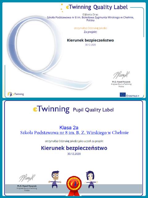 Certyfikaty potwierdzające udział w projekcie eTwinning pt. ,,Kierunek bezpieczeństwo’’.