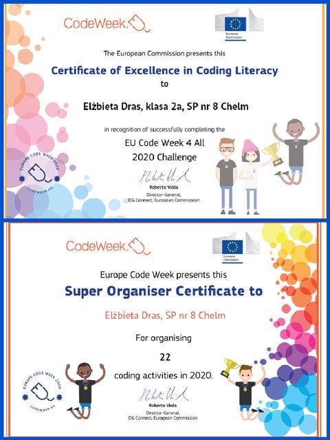 Certyfikaty potwierdzające udział klasy 2 a i pani Elżbiety Dras w Europejskim Tygodniu Kodowania.