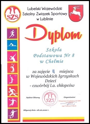 Zdjęcie dyplomu potwierdzającego zajęcie drugiego miejsca w Wojewódzkich Igrzyskach Dzieci.