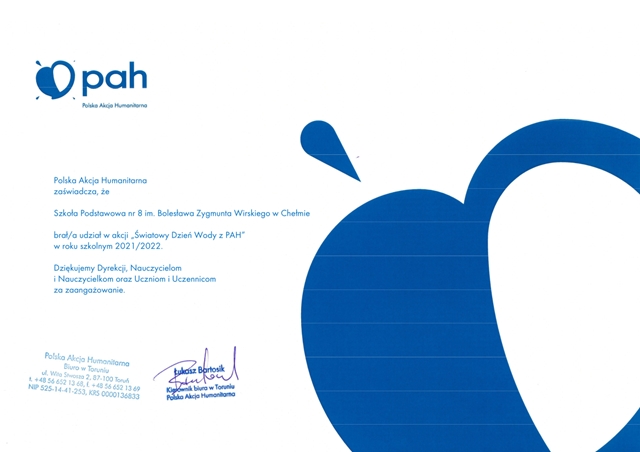 Dyplom potwierdzający udział Szkoły Podstawowej nr 8 w Chełmie w akcji „Światowy dzień wody z PAH”.