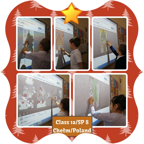 Kolaż zdjęć przedstawia uczniów klasy Ia rozwiązujących świąteczne zadania na tablicy interaktywnej.
