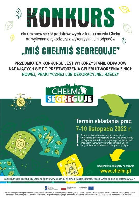 Plakat rozpowszechniający konkurs na wykonanie rękodzieła z odpadów pt. "Miś Chełmiś segreguje’’.