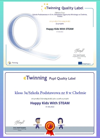 Certyfikaty potwierdzające zdobycie przez klasę 3a Krajowej Odznaki Jakości na platformie eTwinning za międzynarodowy projekt „Happy Kids With STEAM”.