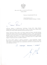Podziękowanie od Prezydenta RP Andrzeja Dudy dla Szkoły Podstawowej nr 8 za udział w Narodowym Czytaniu.