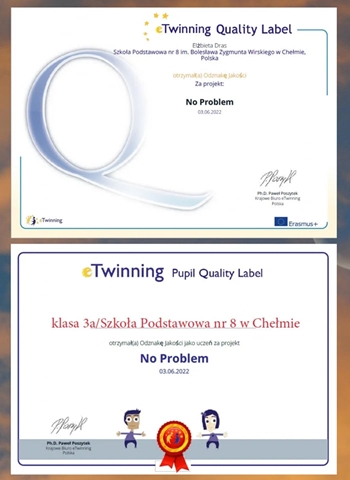 Certyfikaty potwierdzające zdobycie przez klasę 3a Krajowej Odznaki Jakości na platformie eTwinning.