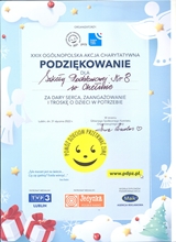 Podziękowania za 29 Ogólnopolską akcję charytatywną „Pomóż Dzieciom Przetrwać Zimę” dla Szkoły Podstawowej nr 8 im. Bolesława Zygmunta Wirskiego w Chełmie.