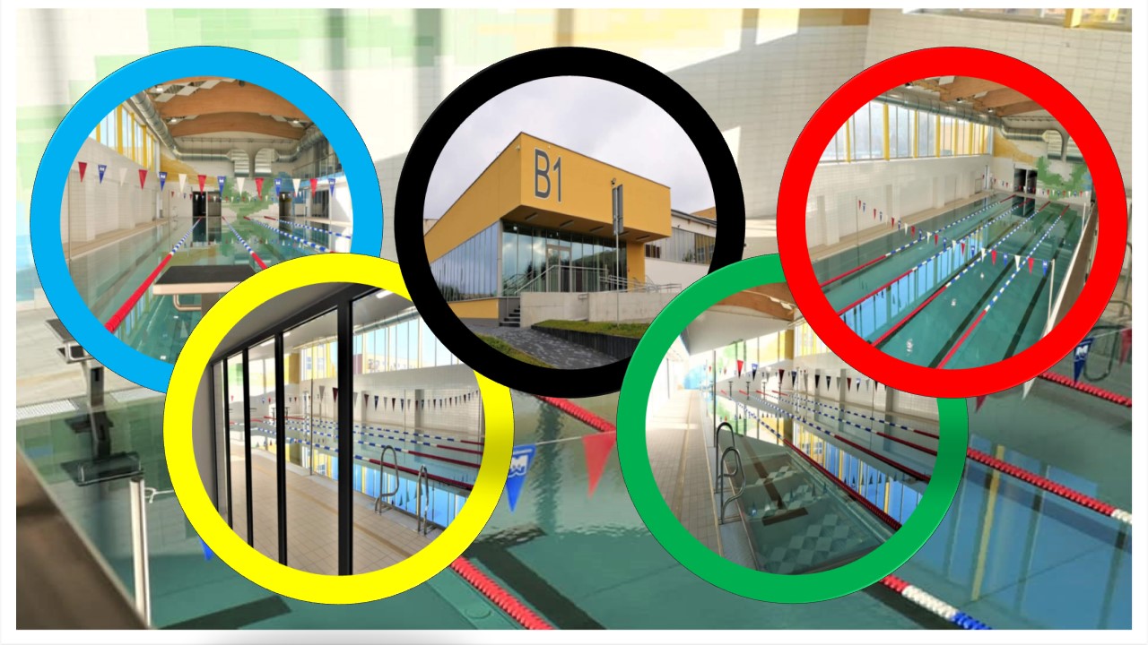 Plakat przedstawiający zdjęcia basenu w tle kół olimpijskich.