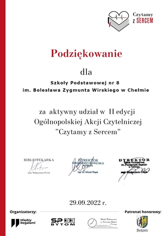 Podziękowanie dla szkoły za udział w II edycji Ogólnopolskiej Akcji Czytelniczej ,,Czytamy z Sercem’’.