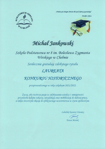 Zdjęcie dyplomu Michała Jankowskiego potwierdzającego zdobycie tytułu laureata Konkursu Historycznego organizowanego przez Lubelskiego Kuratora Oświaty.