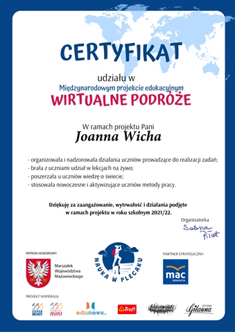 Zdjęcie certyfikatu nauczyciela potwierdzającego udział w międzynarodowym projekcie ,,Wirtualne podróże’’.