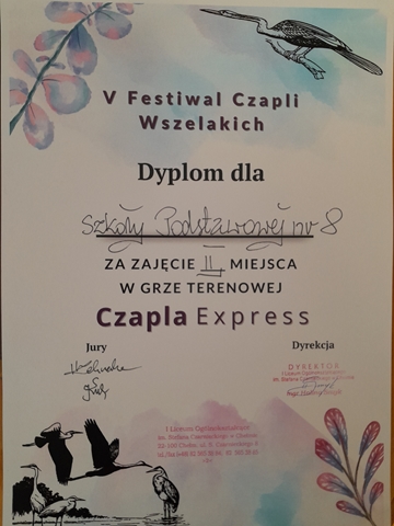 Dyplom za zajęcie II miejsca w grze terenowej„ Czapla Express”.