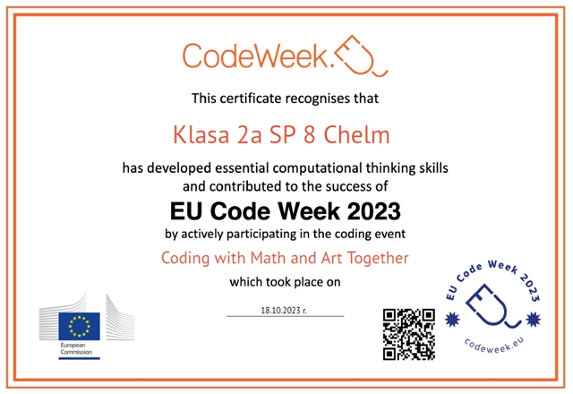 Certyfikat dla klasy 2a za Europejski Tydzień Kodowania.