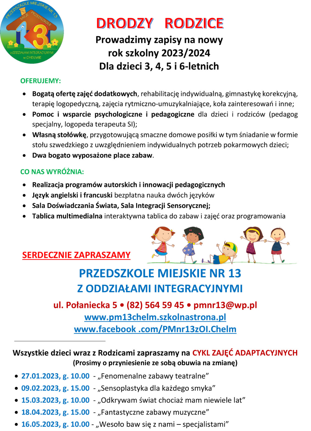 Plakat informujący o zapisach i ofercie Przedszkola Miejskiego nr 13 z Oddziałami Integracyjnymi w Chełmie.