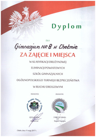 Zdjęcie przedstawia dyplom uznania za zajęcie pierwszego miejsca w powiatowym Turnieju Bezpieczeństwa w Ruchu Drogowym.