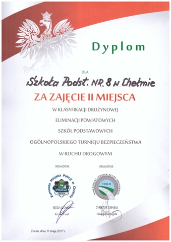 Zdjęcie przedstawia dyplom uznania za zajęcie drugiego miejsca w powiatowym Turnieju Bezpieczeństwa w Ruchu Drogowym.