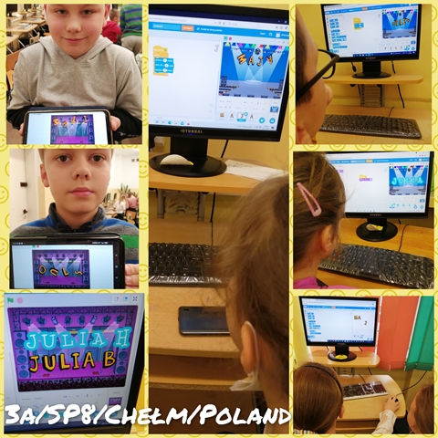 Kolaż zdjęć prezentujących dzieci z ekranami komputerów i tabletami, na których wyświetlają się ich prace.
